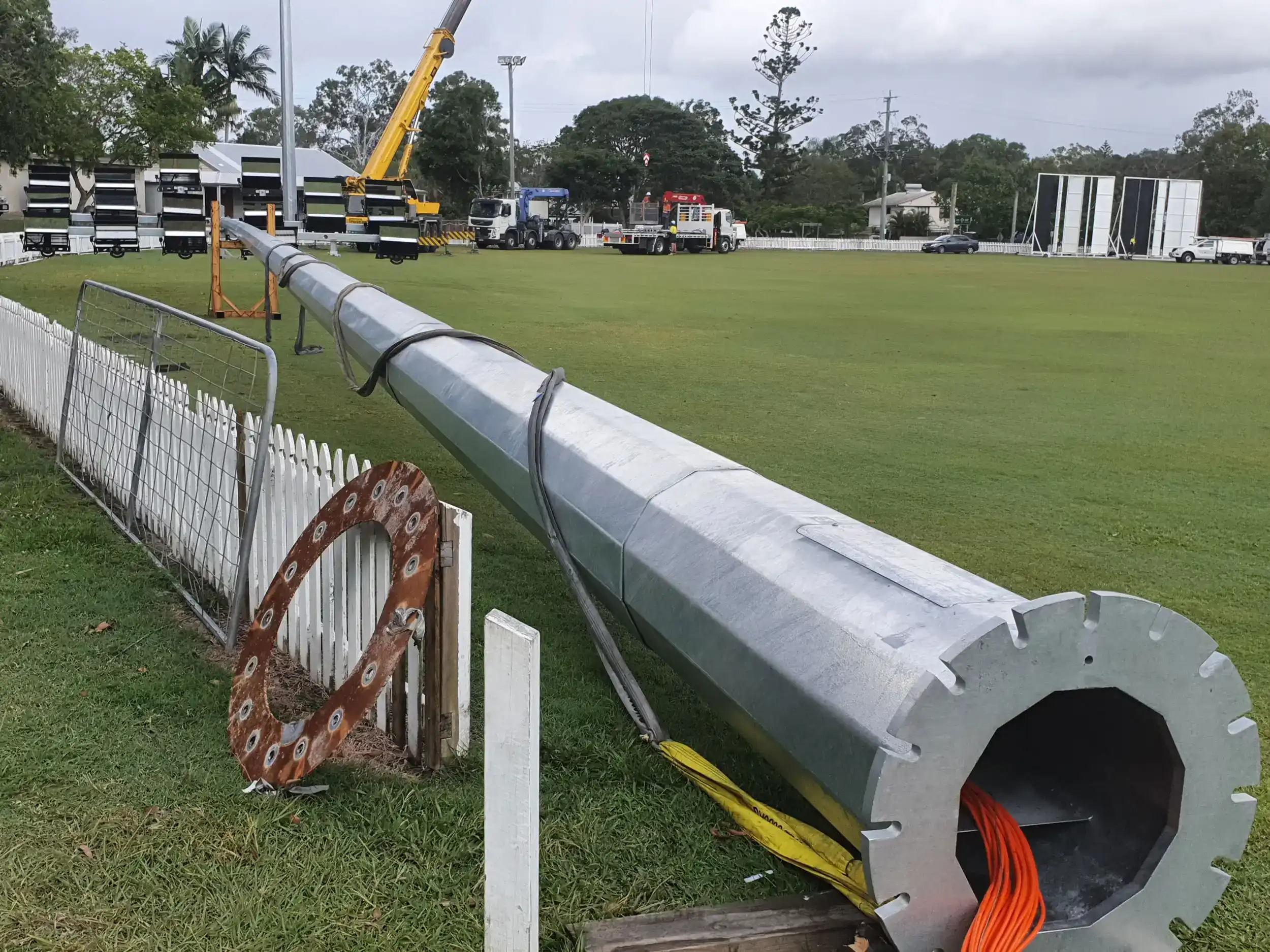 Light pole setting service near me by South Florida Pole Setters and Crane Service, Inc. in Stuart, FL with crane and equipment